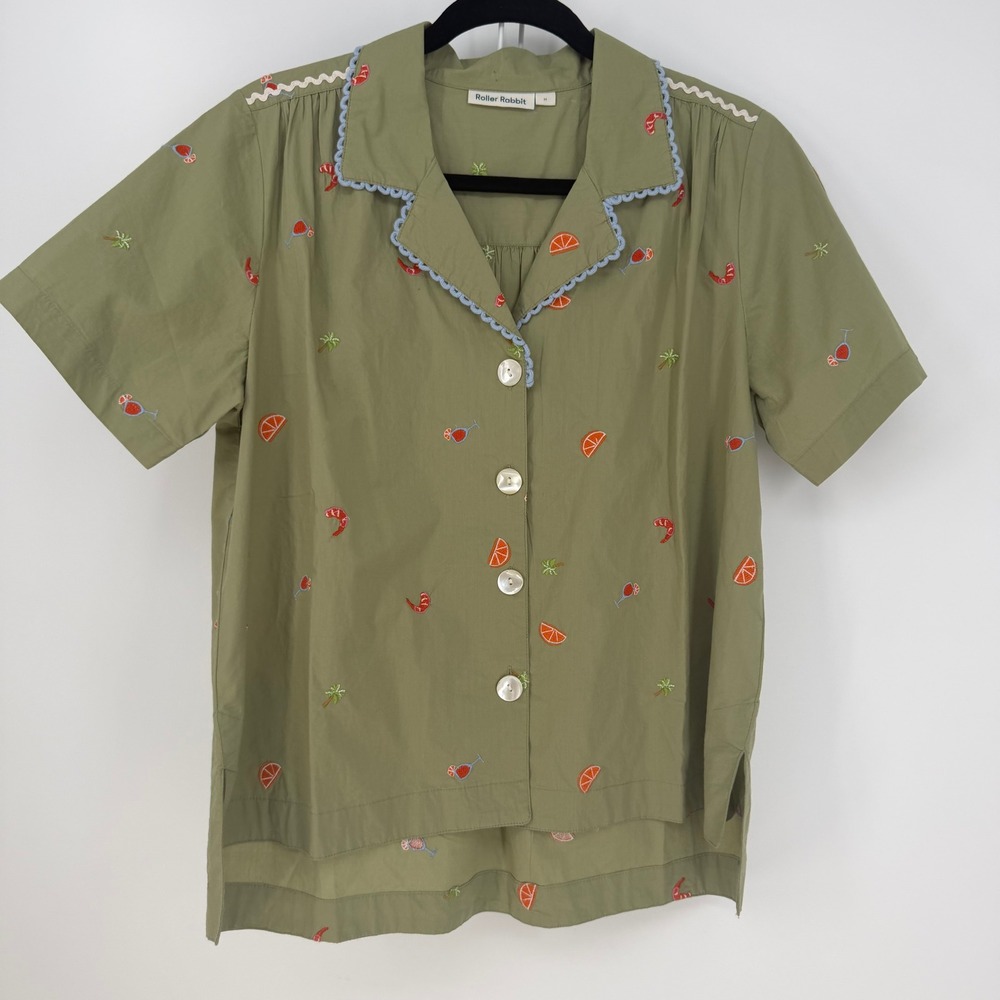 Roller Rabbit Shirt Womens Medium Green Embroidered Tropical Shrimp Coastal Boho